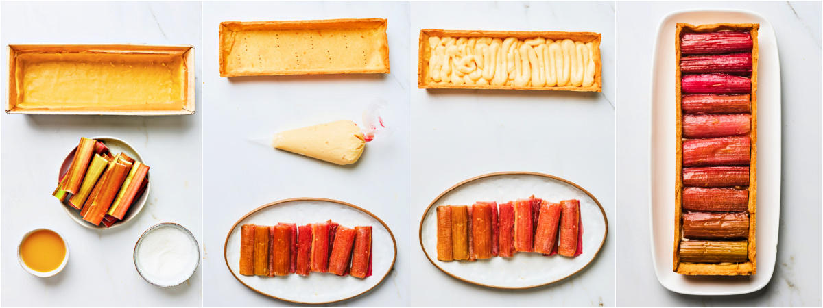 A series of process images showing how to fill and arrange roasted rhubarb in a rectangular tart. 