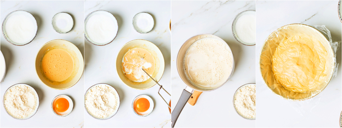 A series of process images showing how to cook and cool pastry cream.