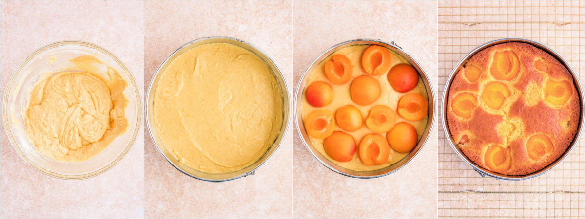 A series of process images showing how to add batter and sliced apricots to a springform pan before baking to a golden brown.