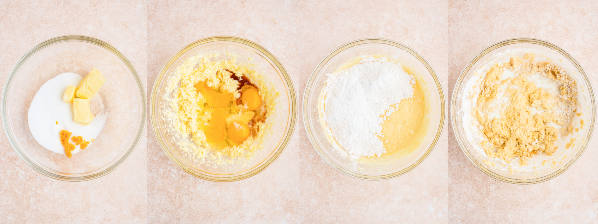 A series of process images showing how to mix the batter for apricot cake.