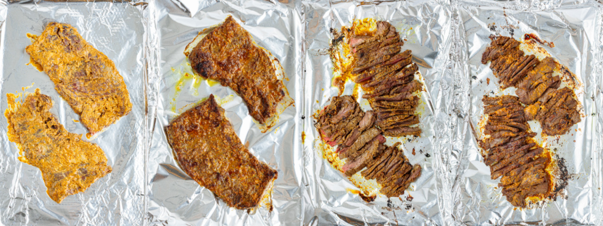 A series of process images showing how to sear shawarma marinated skirt steak in the oven. 