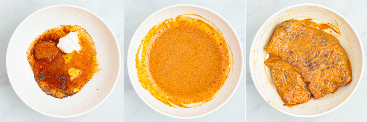 A series of process images showing how to make the marinade for beef shawarma.