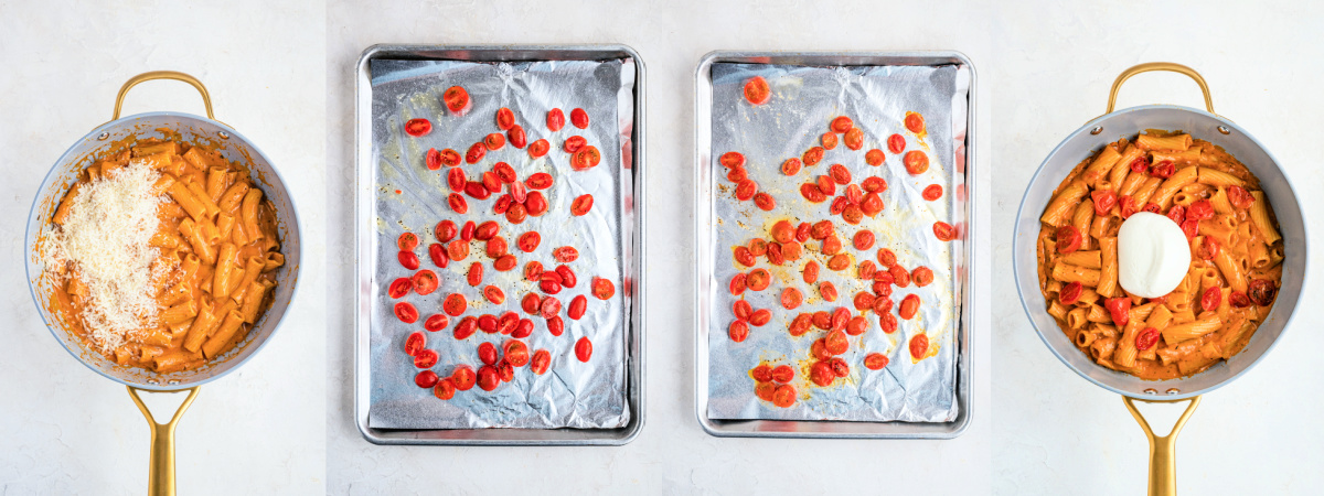 A series of process images showing how to roast cherry tomatoes and add them to pasta sauce.