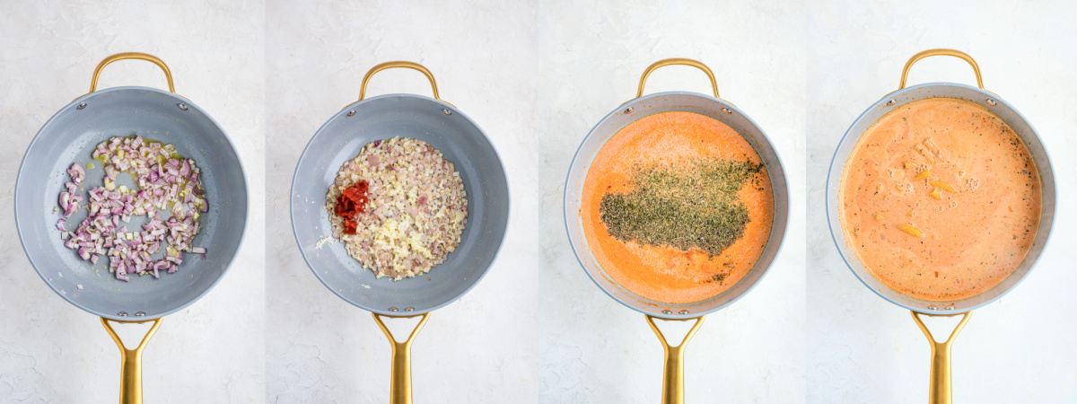 A series of process images showing how to make creamy tomato sauce for burrata pasta.
