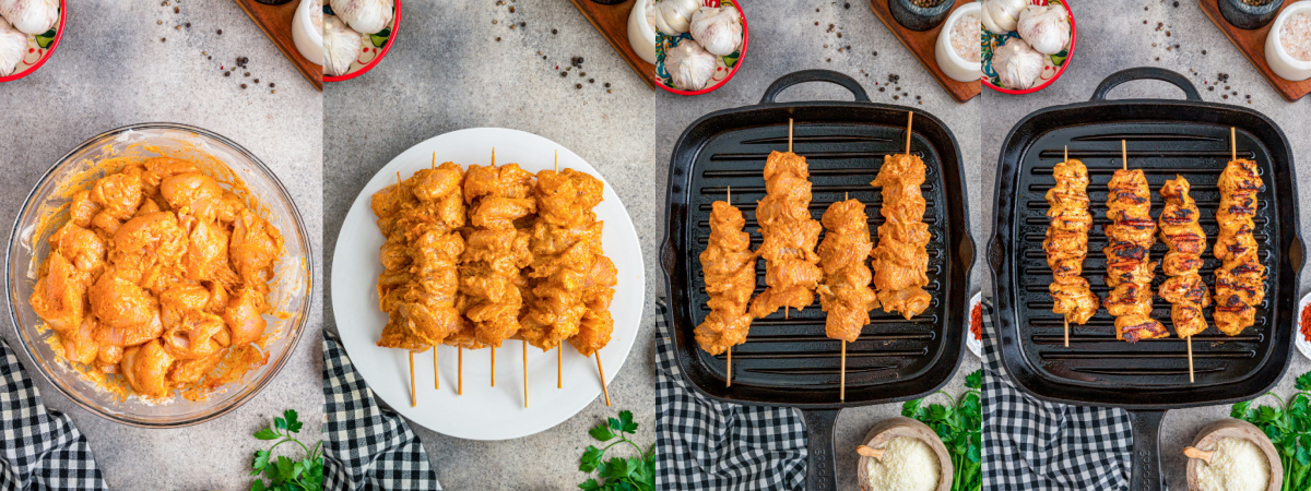 A series of process images showing how to marinate and grill chicken skewers.