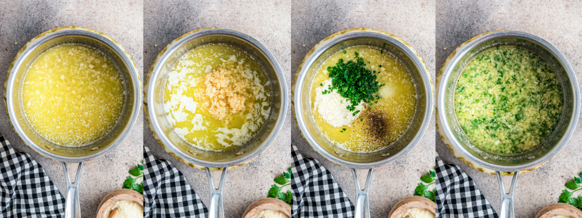 A series of process images showing how to make garlic butter sauce.