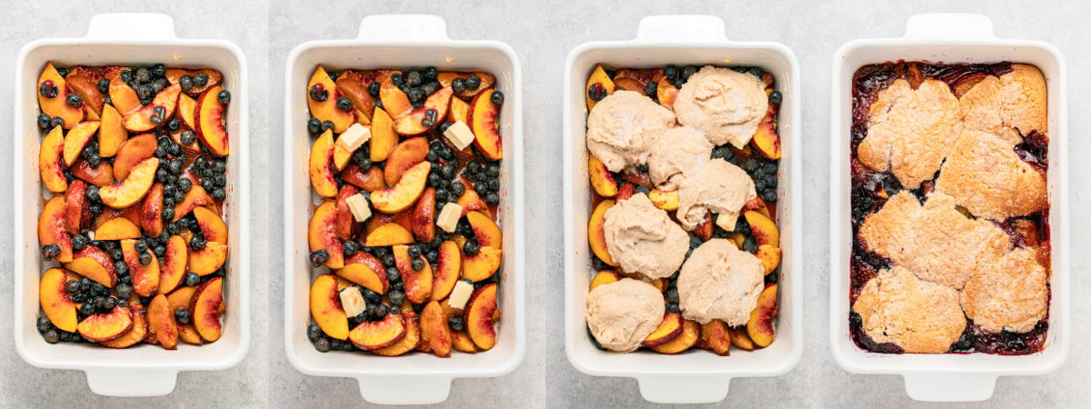 A series of process images showing how to fill and bake Peach Blueberry Cobbler in a baking dish.
