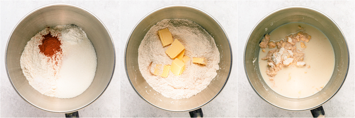 A series of process images showing how to make the batter for fruit cobbler.