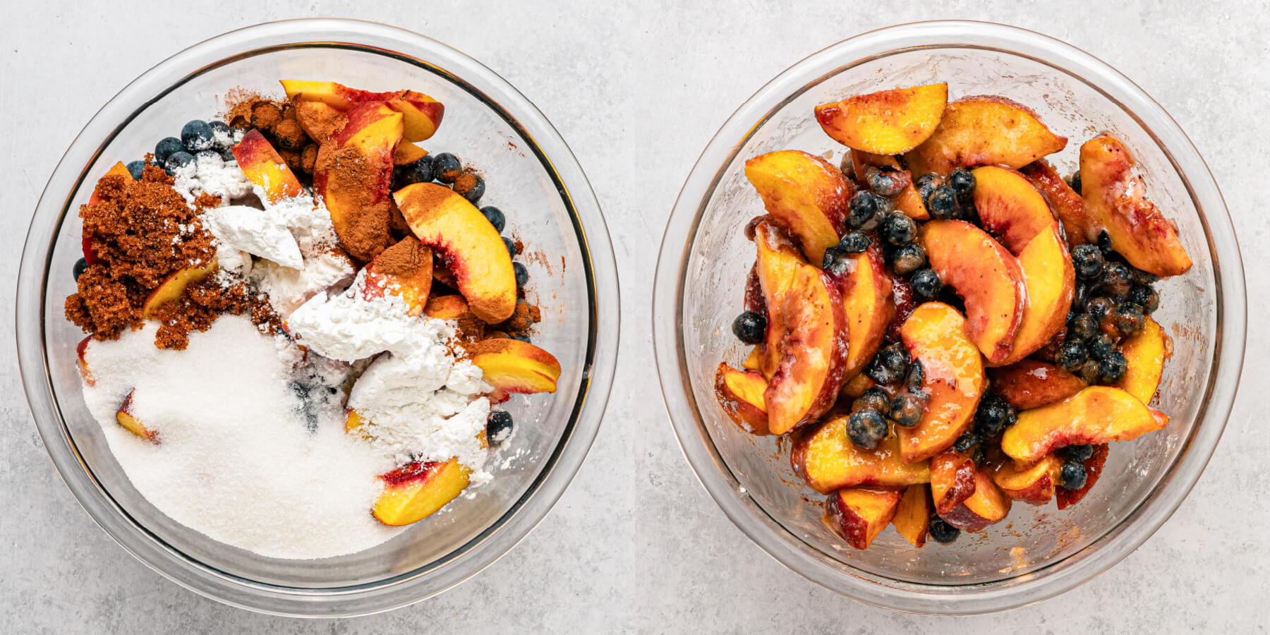 Two process images showing how to mix fruit filling for a cobbler.