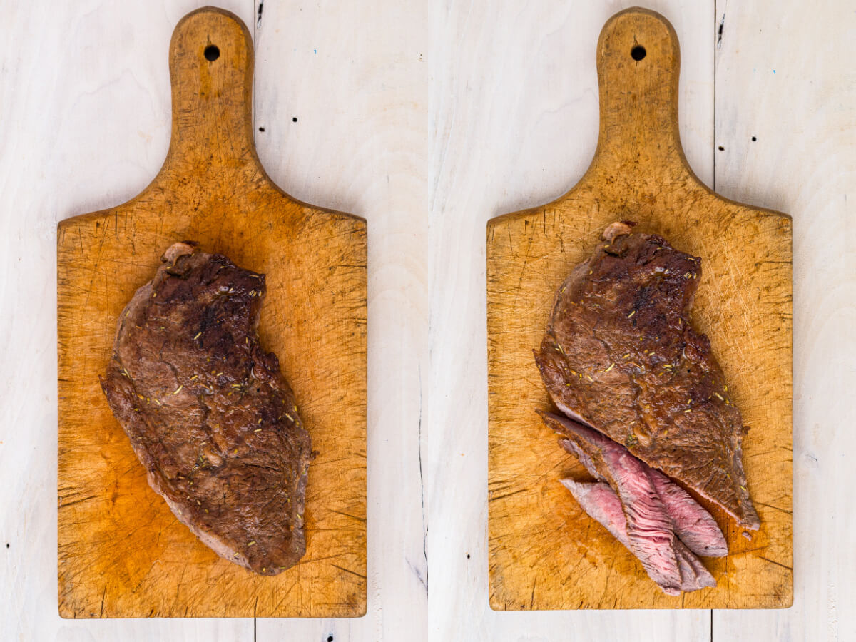 Process image showing to slice a cast iron skillet steak on a wooden cutting board.