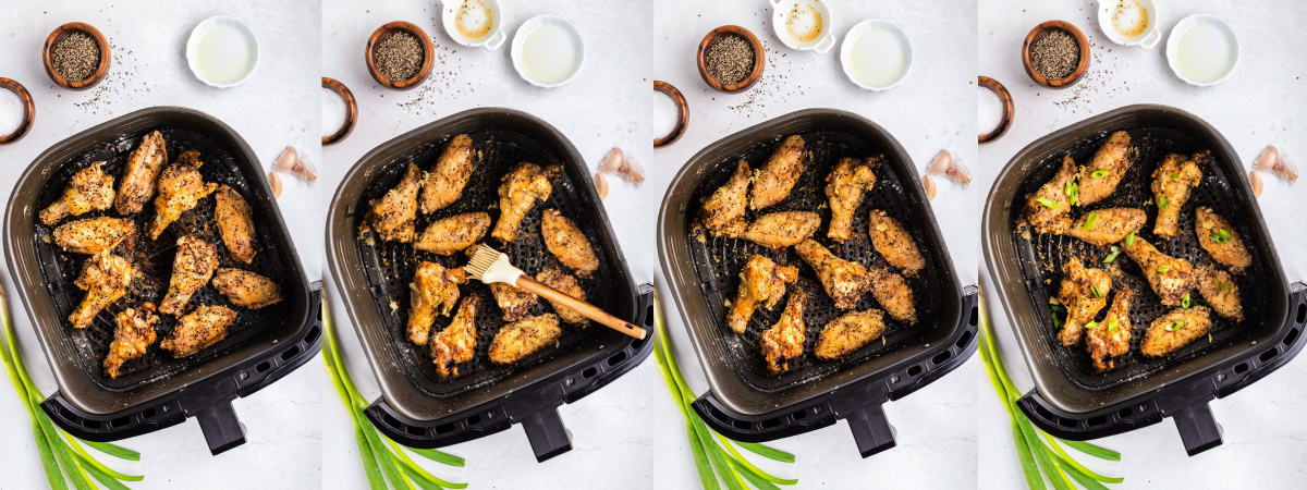 A series of process images showing how to finish air fryer salt and pepper chicken wings.