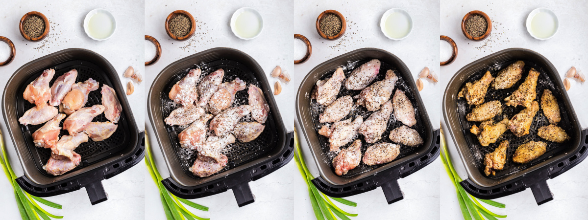 A series of process images showing how to season chicken wings right in the air fryer basket.