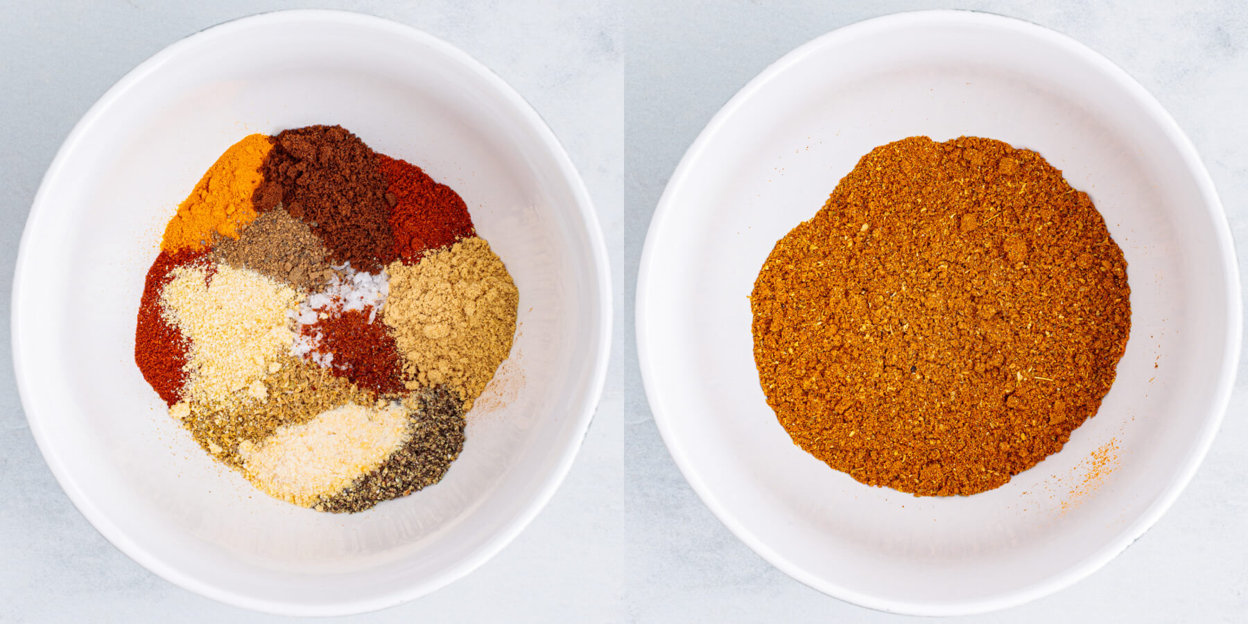 All of the spices in shawarma spice blend in a bowl, then in another bowl blended together.