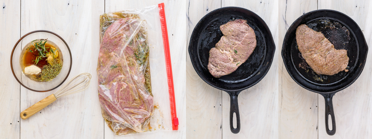 A series of process images showing how to make a steak marinade and sear a marinated steak in a cast iron skillet.