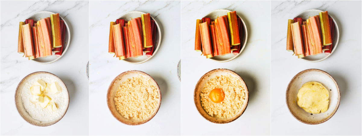 A series of photos showing how to mix up short crust pastry.