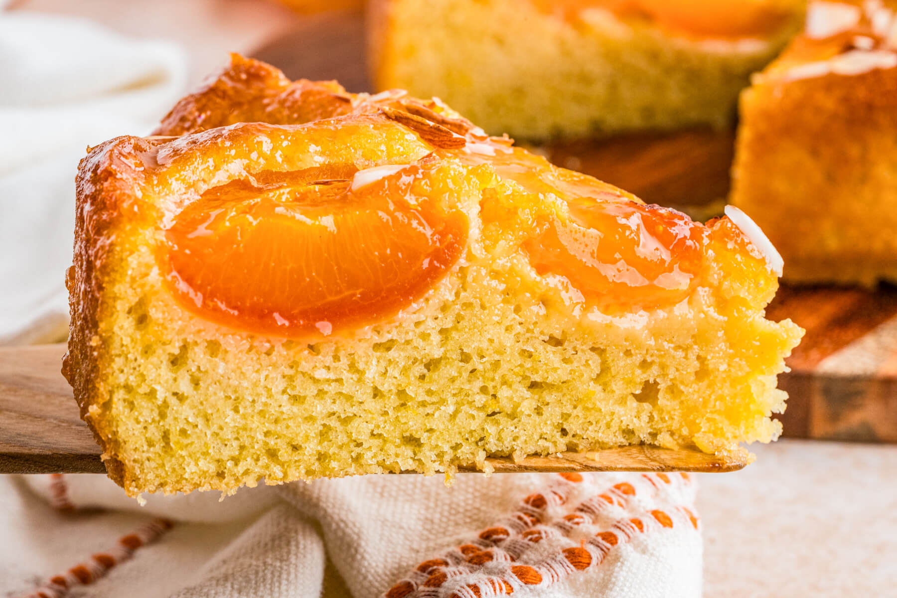 A slice of almond apricot cake on a white plate showing the half apricot baked inside.