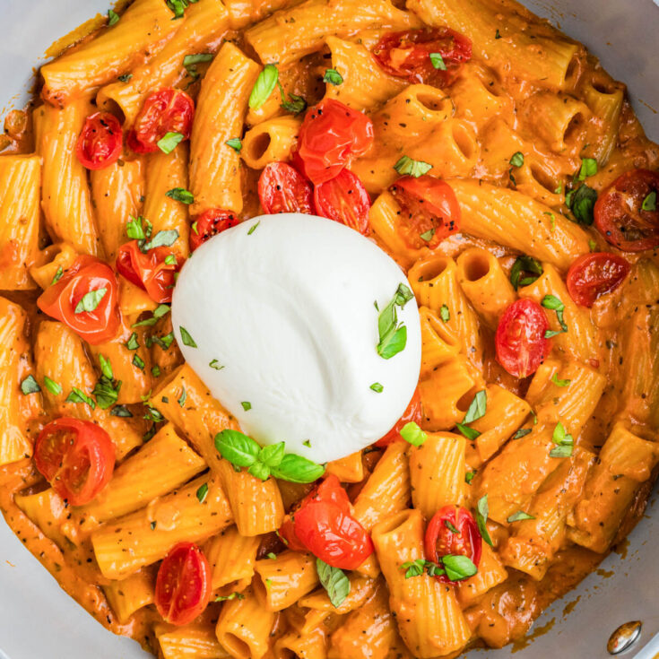 A pot of vibrant creamy rigatoni pasta dotted with roasted cherry tomatoes, fresh herbs, and a ball of burrata cheese.