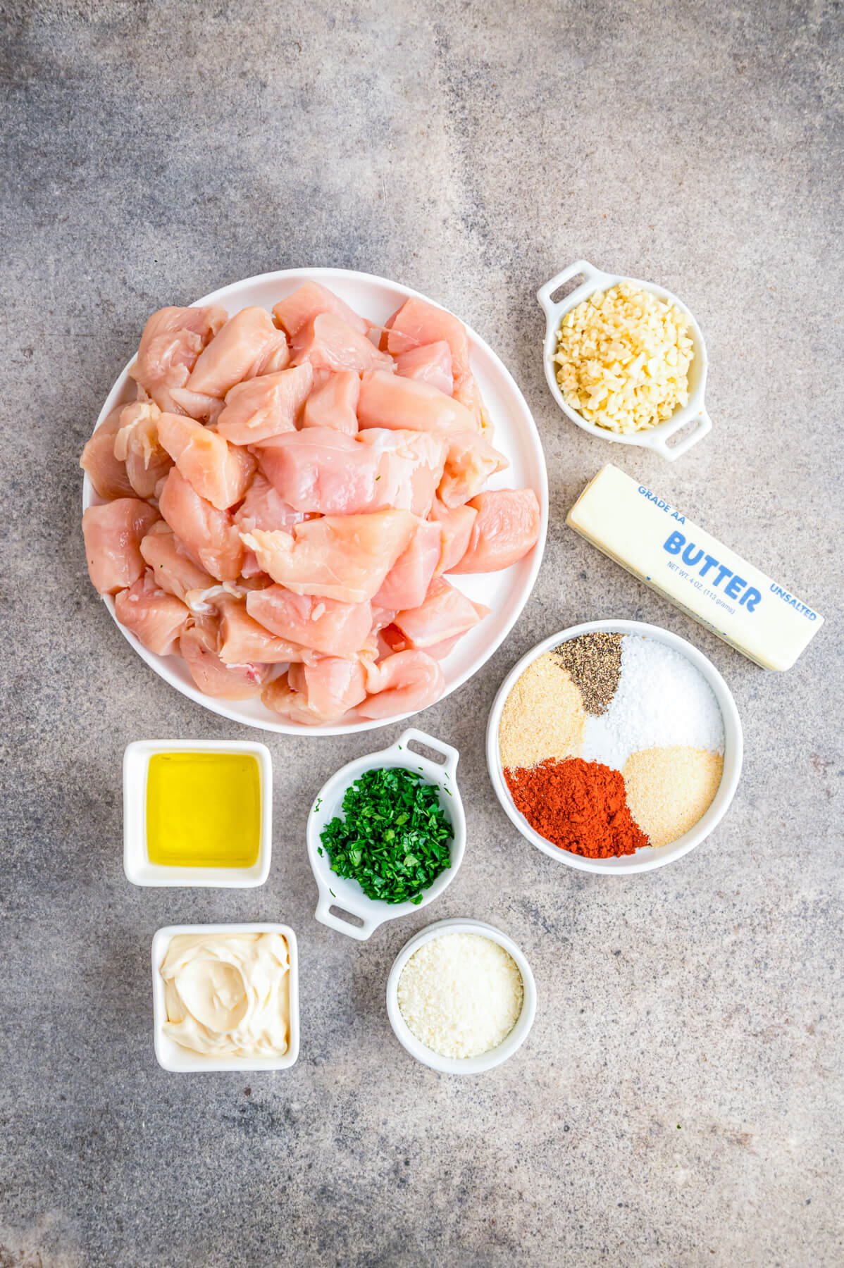 Ingredients required to make Garlic Parmesan Chicken Skewers.