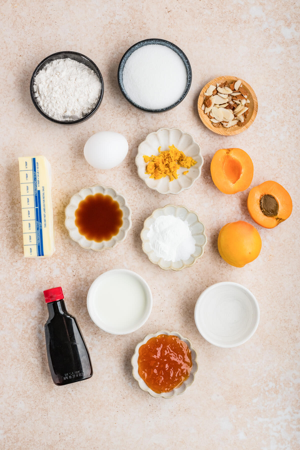 Ingredients required to make Almond Apricot Cake.