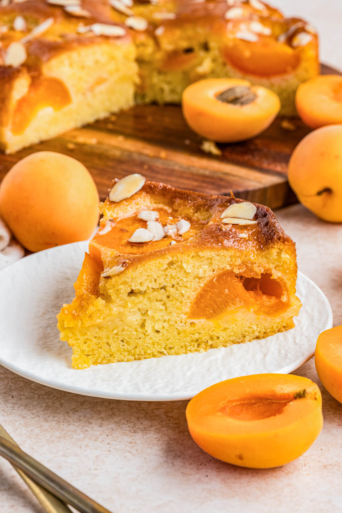 A slice of almond apricot cake on a white plate showing the half apricot baked inside.