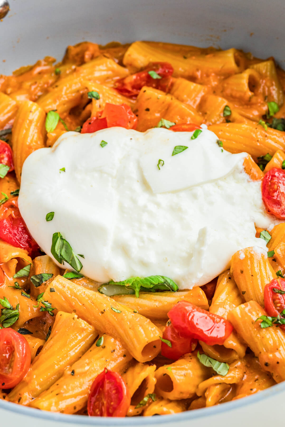 A fresh burrata ball sits on top of a pot full of pasta in roasted tomato sauce.