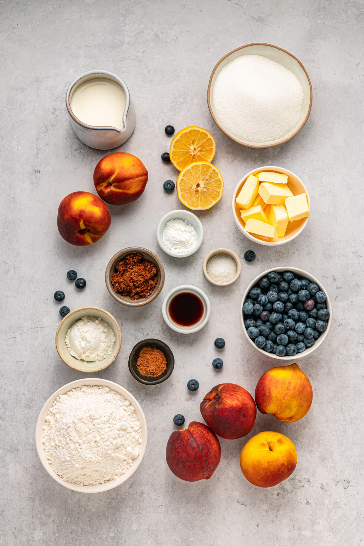 Ingredients required to make Peach Blueberry Cobbler.