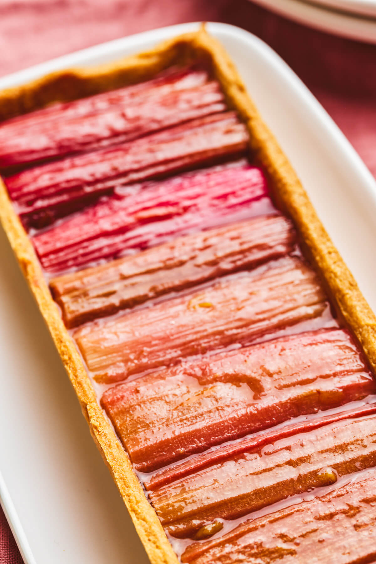 An overhead photo of a rectangular rhubarb tart with roasted rhubarb arranged in an ombre colour progression.