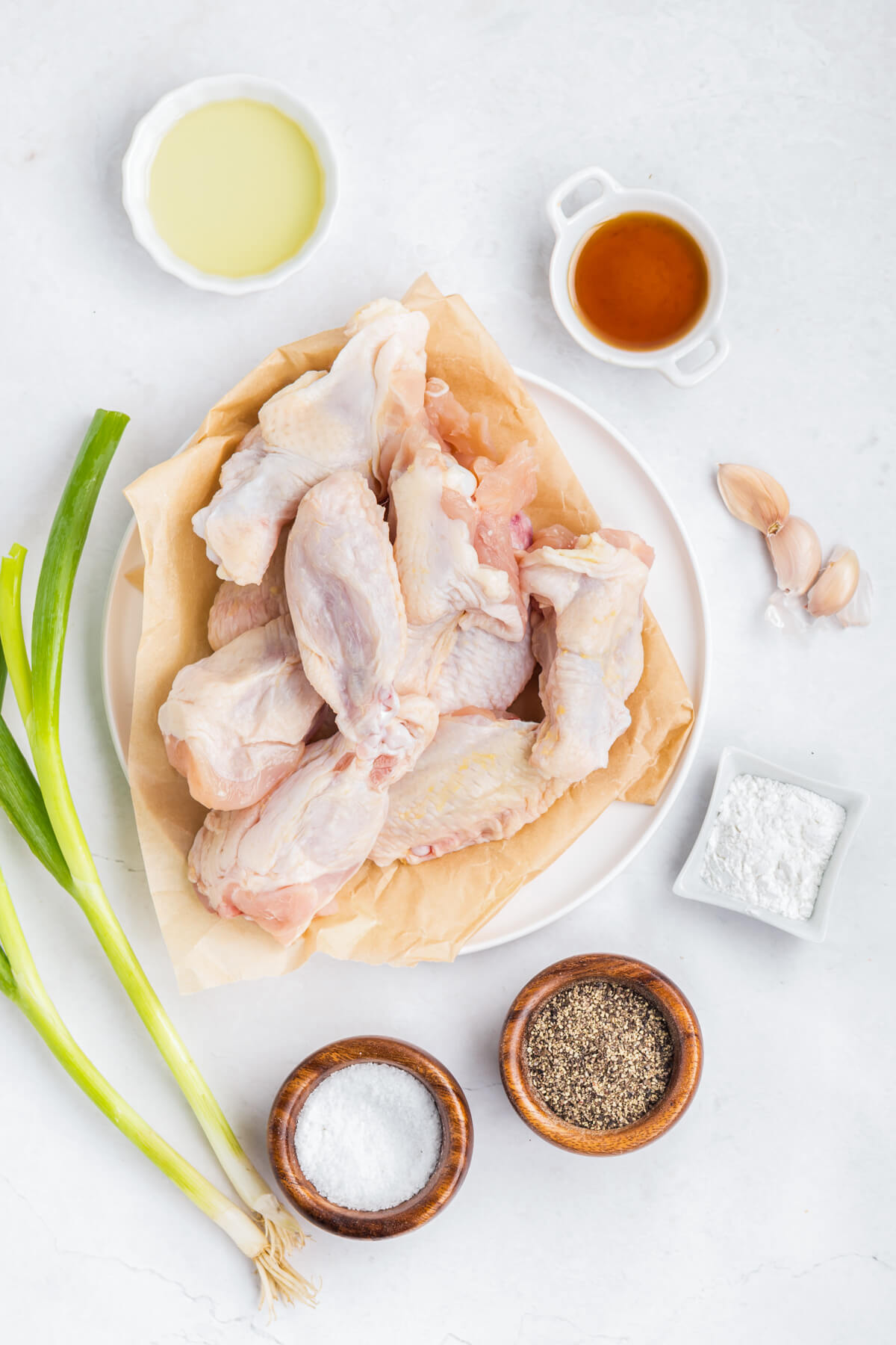 Ingredients required to make salt and pepper chicken wings.