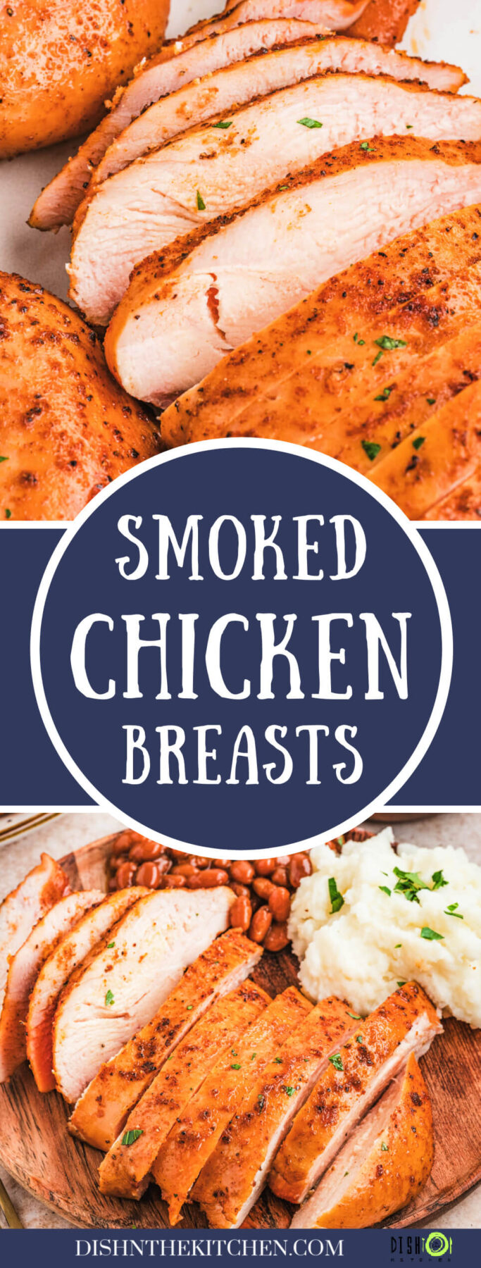 Pinterest image of sliced smoked chicken breasts on a platter and on a dinner plate beside mashed potatoes.