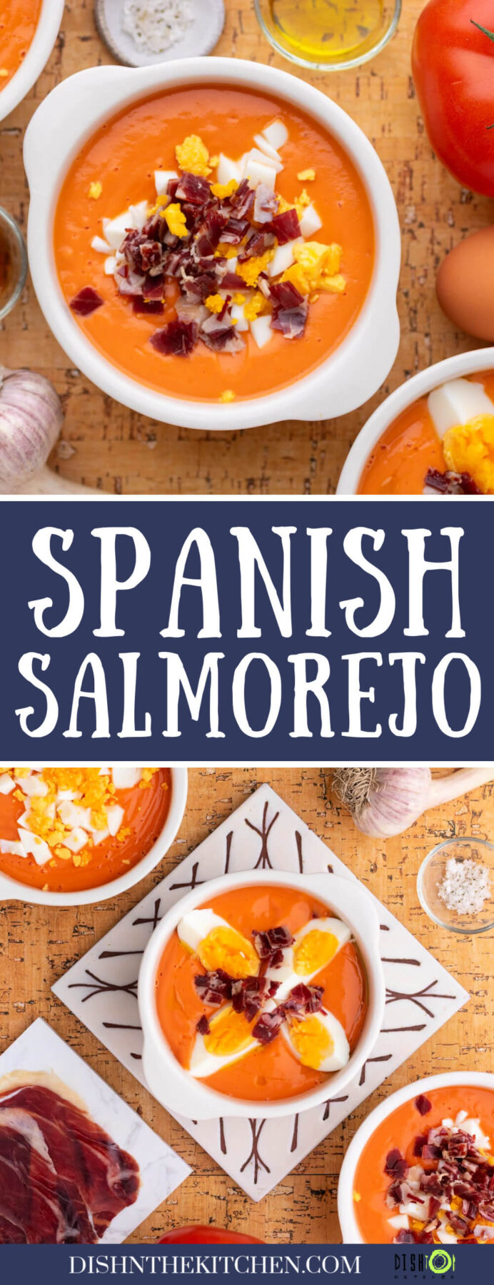 Pinterest image featuring white bowls of vibrant orange soup garnished with chopped hard boiled eggs and jamón ibérico.