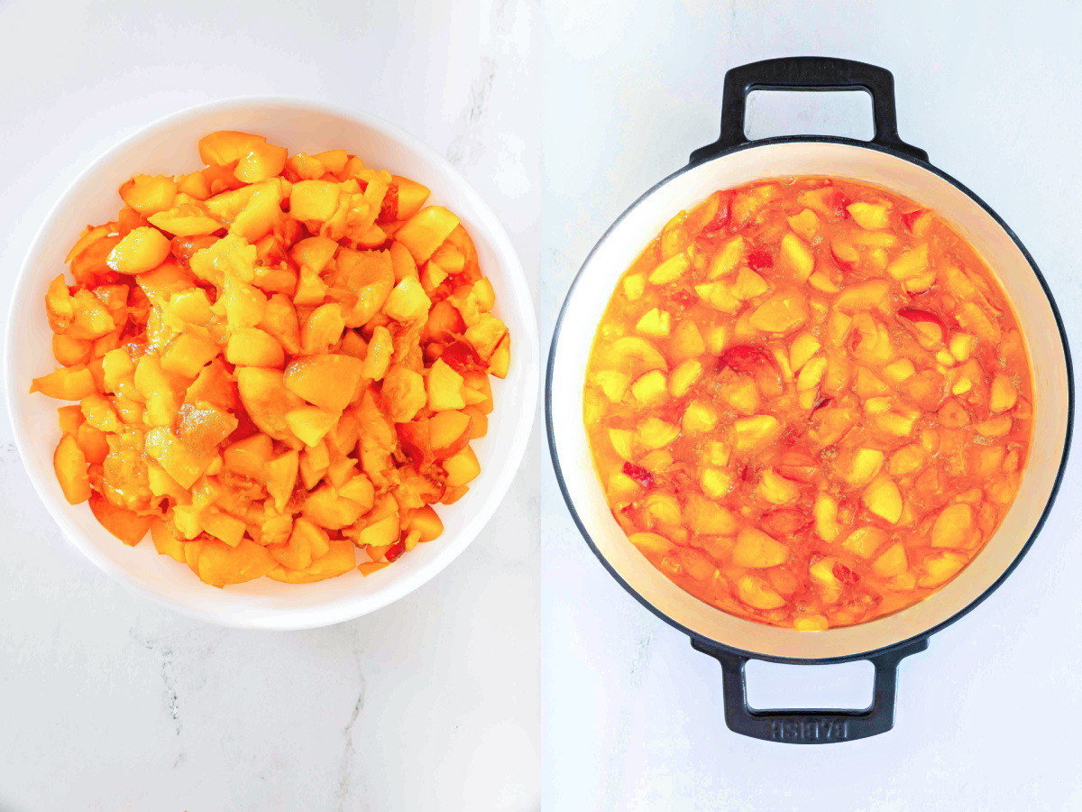 Two process images showing how to prepare apricots to make jam.