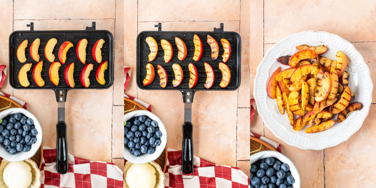 A series of process images showing how to grill peaches.