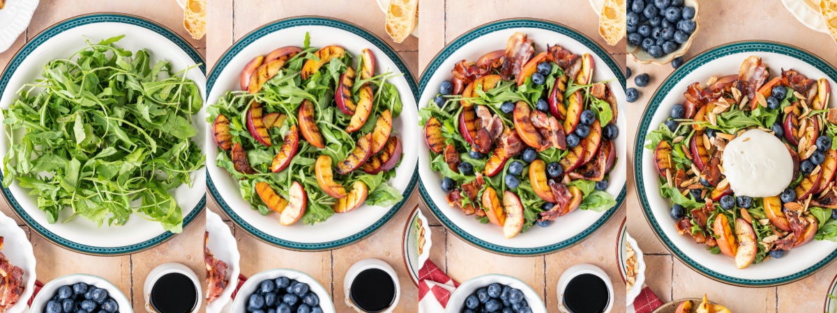 A series of process photos showing how to build a Grilled Peach Burrata Salad.