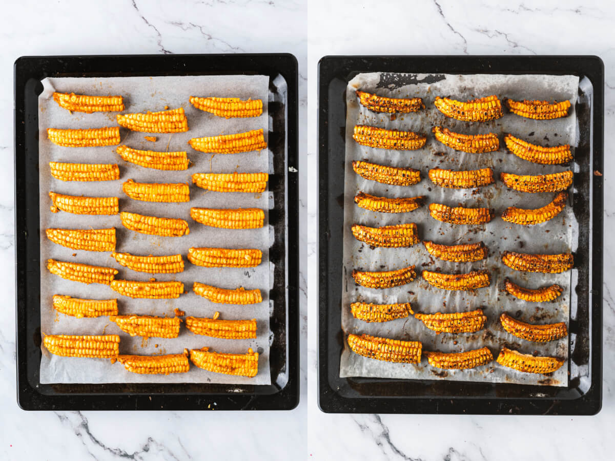 Two process images showing how to arrange and roast corn ribs on baking sheets.