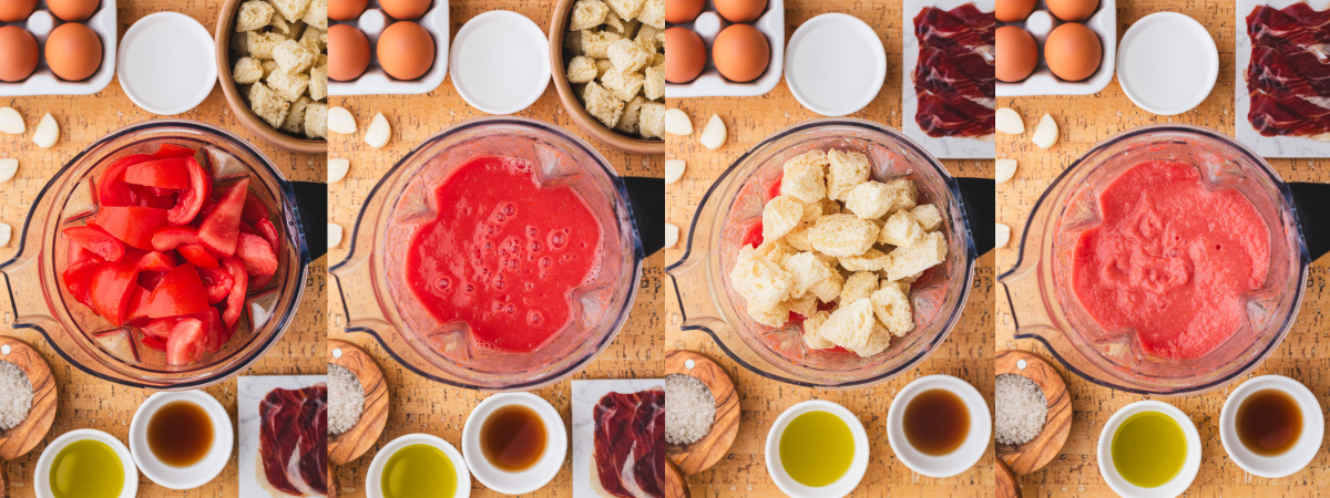 A series of process images showing how to puree tomates with bread cubes in a Vitamix blender.
