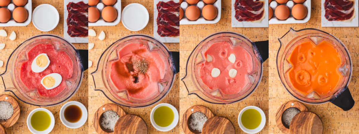 A series of process images showing how to thicken Salmorejo with a boiled egg and season it with garlic, salt, and olive oil.