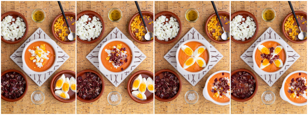 A series of process images showing different ways to garnish a bowl of Salmorejo with boiled eggs and jamon Iberico.