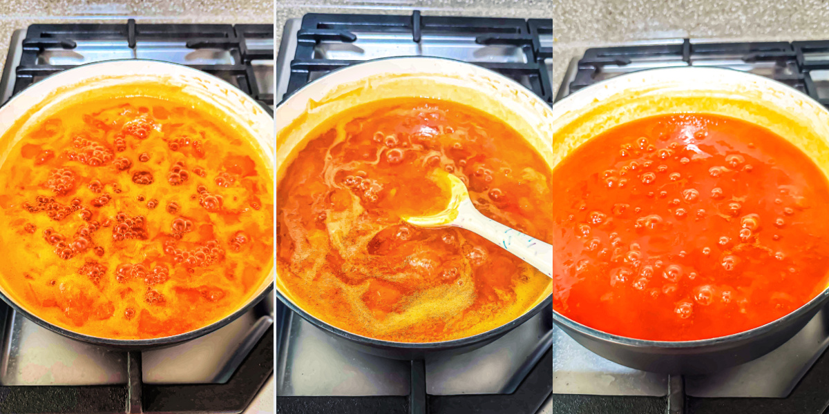 A series of process images showing different stages of boiling apricot jam.