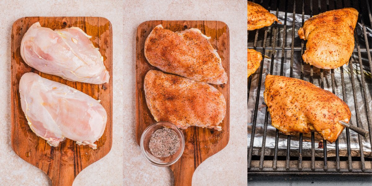 A series of process images showing how to season and smoke chicken breasts.