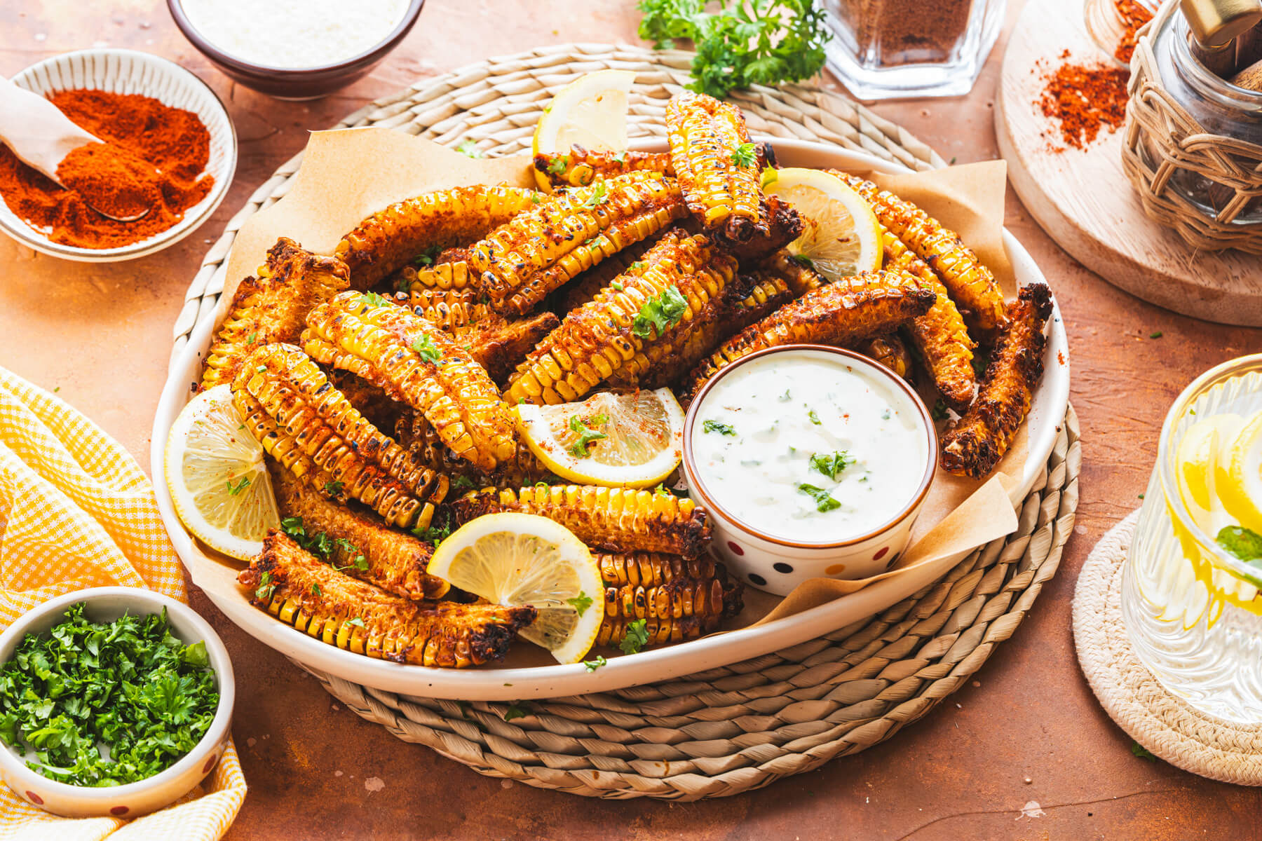 A platter of spiced and caramelized corn ribs with a small bowl of creamy dip and lemon wedges.