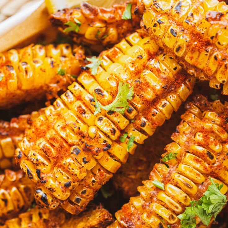 Close up of a caramelized corn rib coated in spices and roasted to perfection.