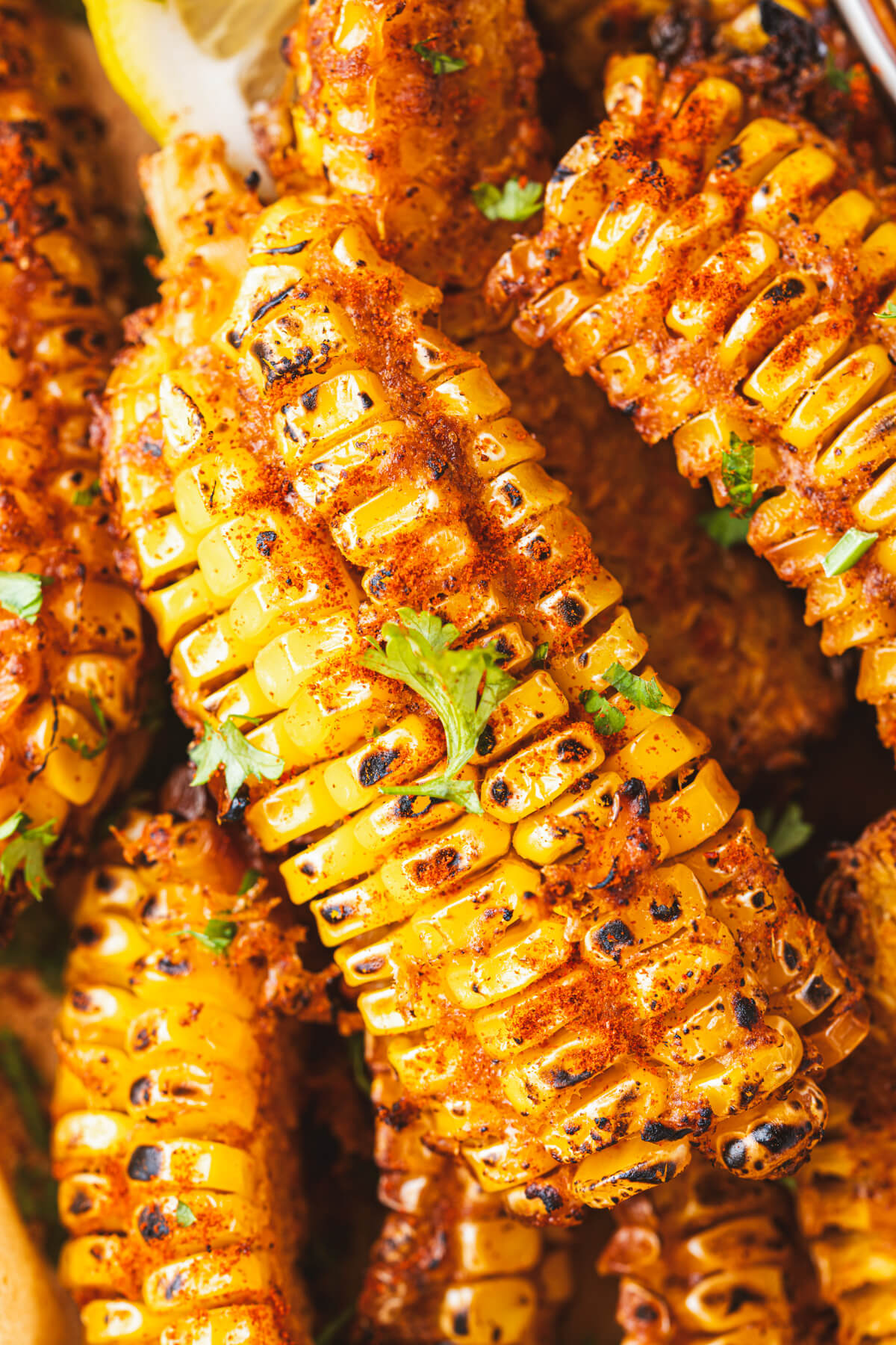 close up photo of a spicy caramelized corn rib.