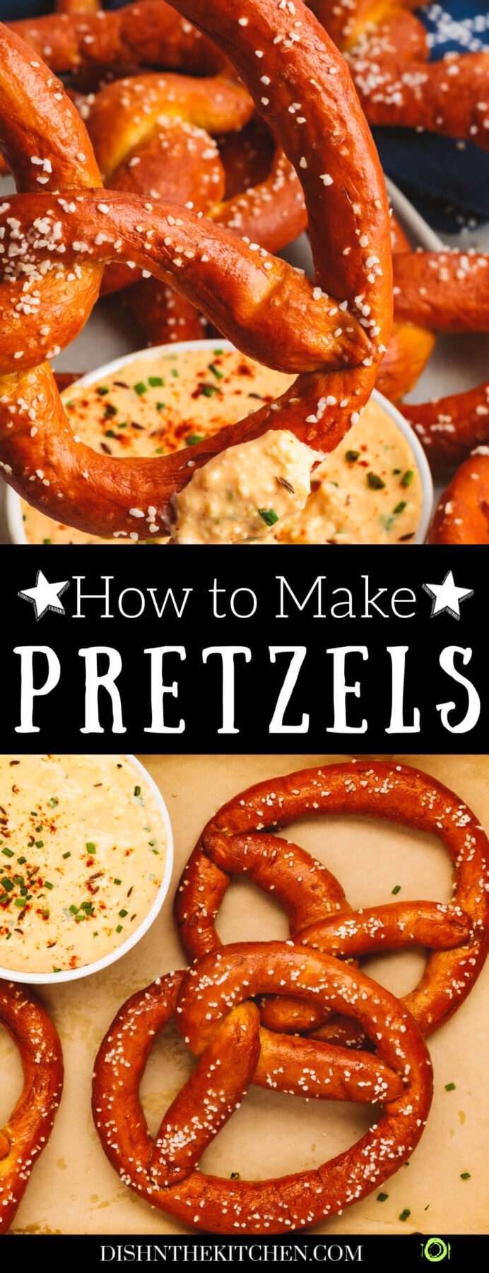 Pinterest image featuring deep brown homemade pretzels topped with coarse salt beside and being dipped into a small bowl of obatzda dip.