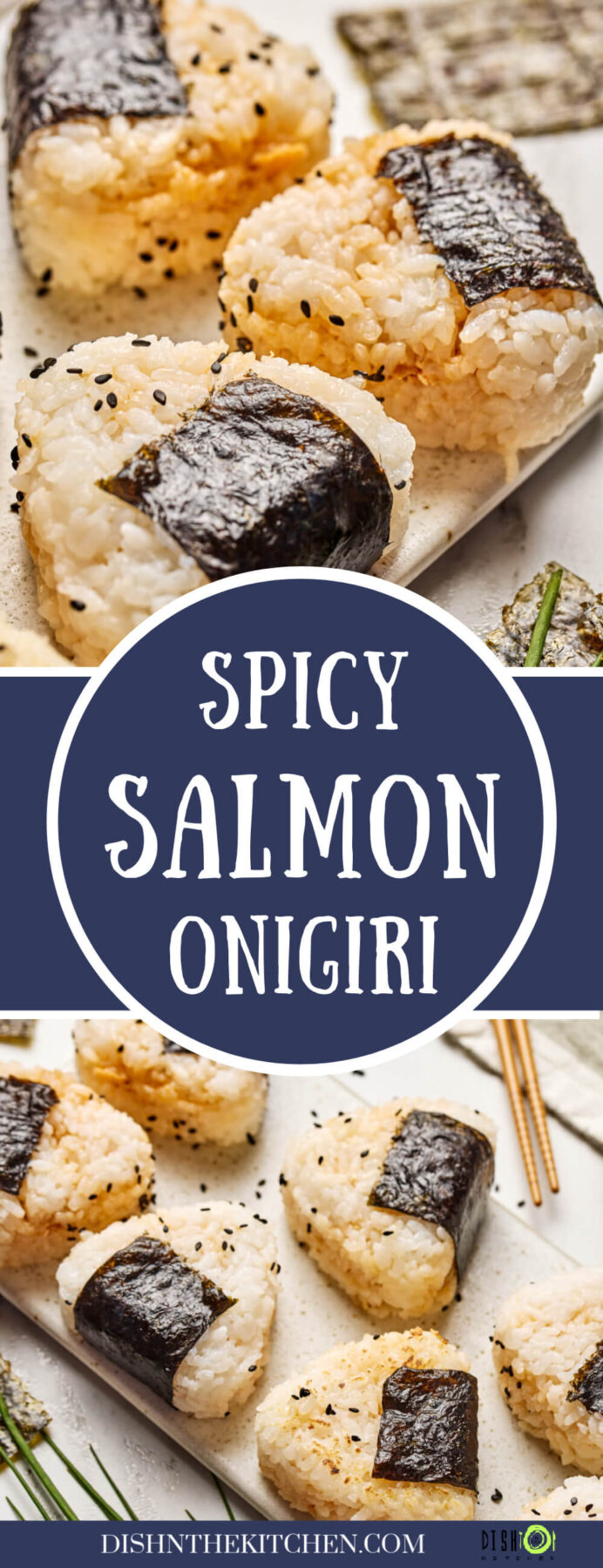 Pinterest image featuring trays of triangular spicy salmon onigiri wrapped in nori and garnished with black sesame seeds.