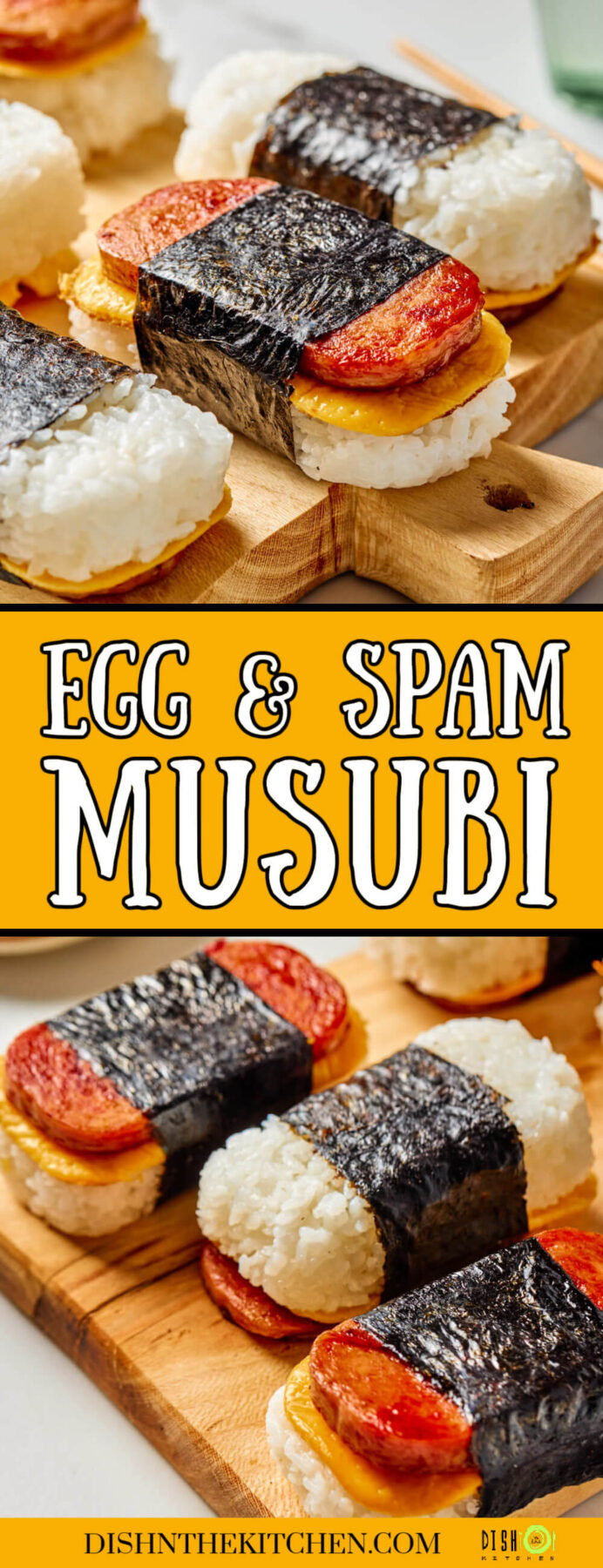 Pinterest image featuring several groups of Spam and Egg Musubi wrapped in nori strips on wooden serving boards.