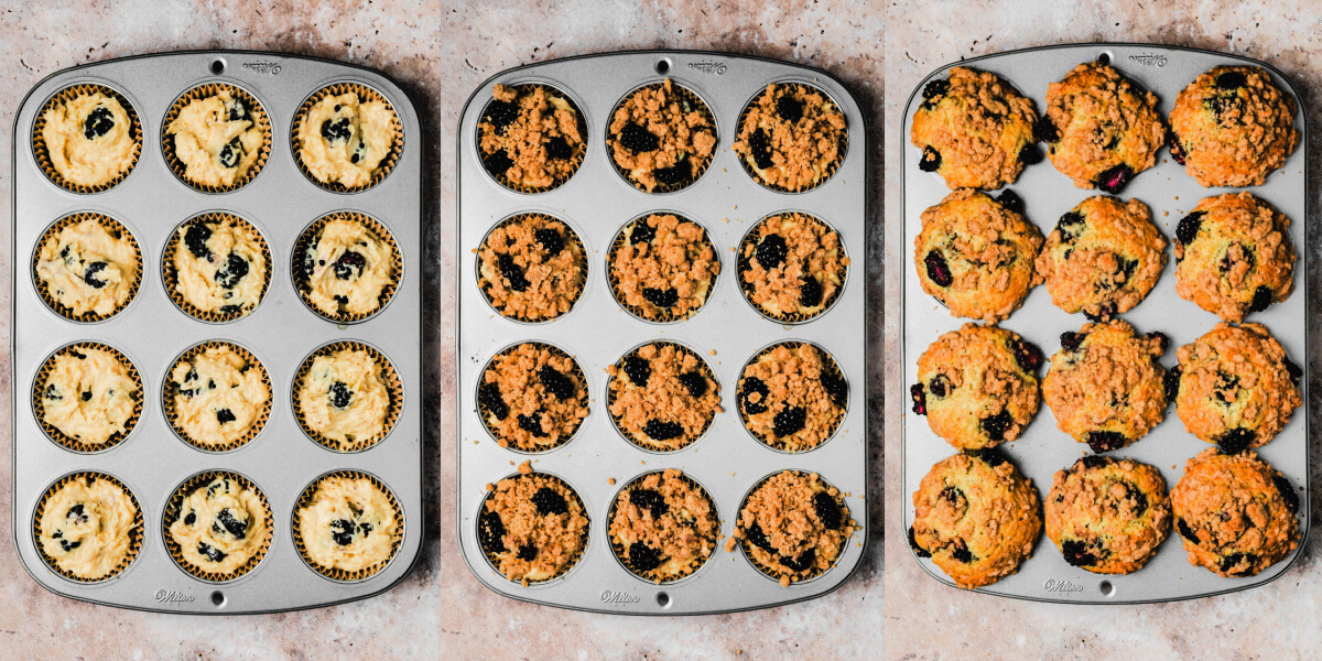 A series of process images showing how to fill, top, and bake blackberry muffins.