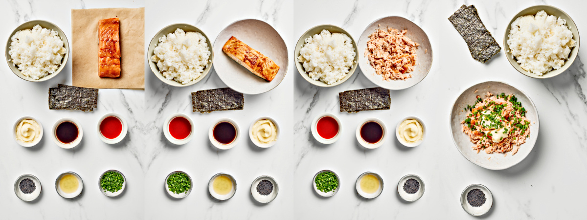 A series of process photos showing how to season and cook salmon to make spicy salmon onigiri.