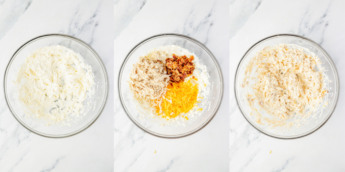 A series of process images showing how to make the filling for Chicken Bacon Ranch Pinwheels.