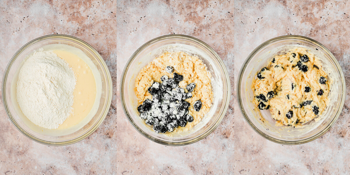 A series of process images showing how to mix up Blackberry muffin batter.