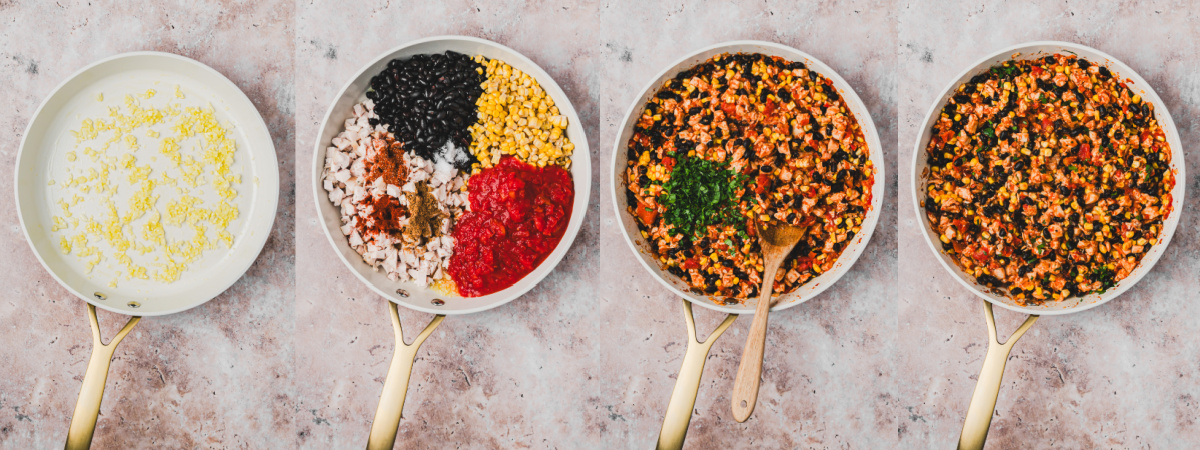 A series of process photos showing how to make stuffing mixture for poblano peppers.